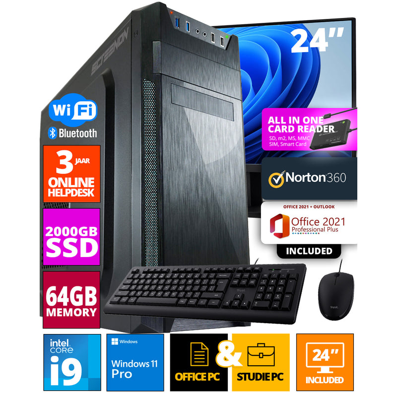 ScreenON - Intel Core i9 - 2TB M.2 SSD - 64GB RAM - RTX 3070 - Allround Office PC - Inclusief Office Professional Plus 2021, Norton 360 & USB SD Card Reader + WiFi & Bluetooth