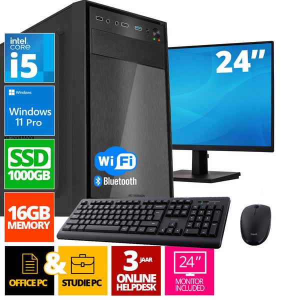 Intel Compleet PC SET | Intel Core i5 | 16 GB DDR4 | 1 TB SSD + 24 Inch Monitor + Muis + Toetsenbord | Windows 11 Pro + WiFi & Bluetooth