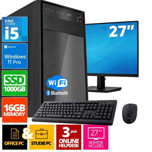 Intel Compleet PC SET | Intel Core i5 | 16 GB DDR4 | 1 TB SSD + 27 Inch Monitor + Muis + Toetsenbord | Windows 11 Pro + WiFi & Bluetooth