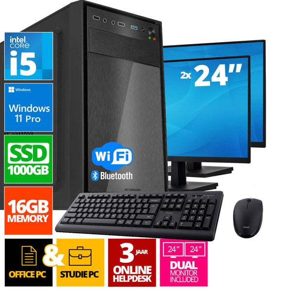Intel Compleet PC SET | Intel Core i5 | 16 GB DDR4 | 1 TB SSD + 2 x 24 Inch Monitor + Muis + Toetsenbord | Windows 11 Pro + WiFi & Bluetooth
