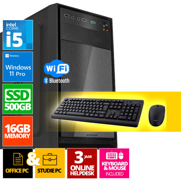 Intel Compleet PC SET | Intel Core i5 | 16 GB DDR4 | 500 GB SSD + Muis & Toetsenbord | Windows 11 Pro + WiFi & Bluetooth