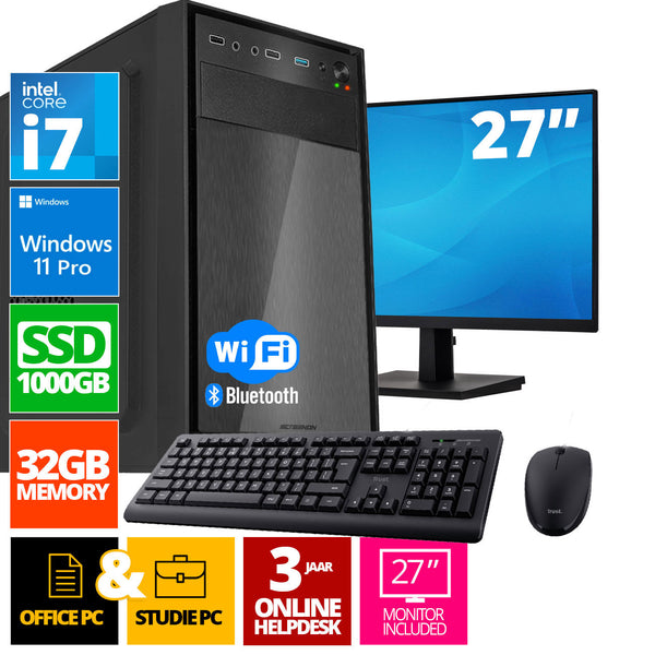 Intel Compleet PC SET | Intel Core i7 | 32 GB DDR4 | 1 TB SSD + 27 Inch Monitor + Muis + Toetsenbord | Windows 11 Pro + WiFi & Bluetooth
