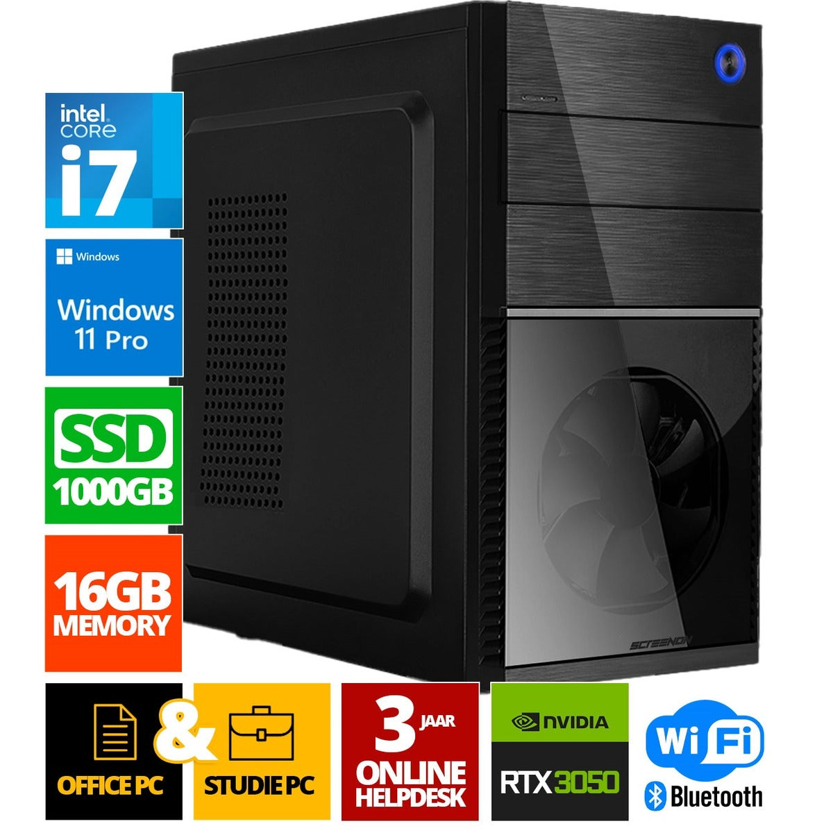 Intel Compleet PC | Intel Core i7 | 16 GB DDR4 | 1 TB SSD | RTX 3050 |  Windows 11 Pro + WiFi & Bluetooth