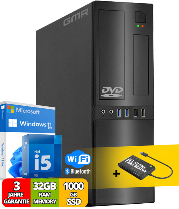 Desktop PC with Intel i5 4-Thread 3.20 GHz | 32GB DDR3 | 1000GB SSD | DVD±RW | Smart ID Card Reader 5-in-1 | USB3 | WiFi 600 and Bluetooth 5 | Windows 11 Professional 64-Bit | Multimedia Computer