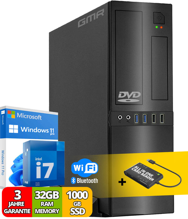 Desktop PC with Intel i7 8-Thread 4.00 GHz | 32GB DDR3 | 1000GB SSD | DVD±RW | Smart ID Card Reader 5-in-1 | USB3 | WiFi 600 and Bluetooth 5 | Windows 11 Professional 64-Bit | Multimedia Computer