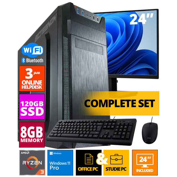 Budget Office PC SET - AMD Ryzen 3 - 120GB M.2 SSD - 8GB RAM - Radeon RX Vega 8 ( 24 Inch Monitor | Muis | Toetsenbord ) + WiFi & Bluetooth