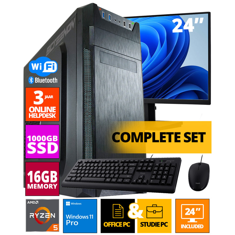 Budget Office PC SET - Ryzen 5 - 1TB NVMe SSD - 16GB RAM - Radeon Vega 7 ( 24 Inch Monitor | Muis | Toetsenbord | Inclusief Office Professional Plus 2021 ) + WiFi & Bluetooth