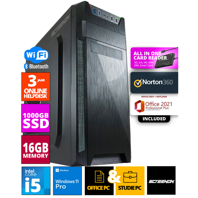 Intel Office PC - Intel Core i5 - 1TB NVMe SSD - 16GB RAM - GTX 1650 - Inclusief Norton 360 & USB SD Card Reader + WiFi & Bluetooth