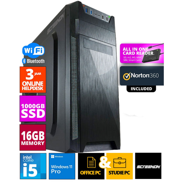 ScreenON - Intel Core i5 - 1TB M.2 SSD - 16GB RAM - GTX 1650/1660 of RTX 2060 - Allround Office PC - Inclusief Norton 360 & USB SD Card Reader + WiFi & Bluetooth