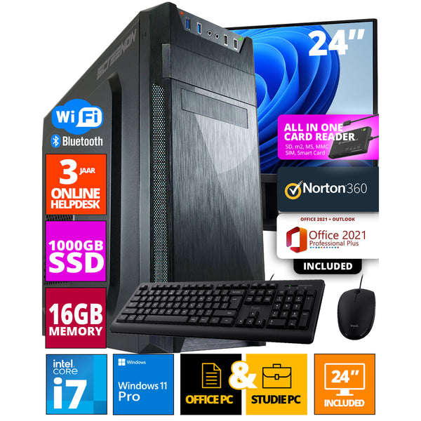 Intel Budget Office PC SET - Office PC - 24 Inch Monitor + Muis + Toetsenbord - Inclusief Norton 360 & USB SD Card Reader + WiFi & Bluetooth