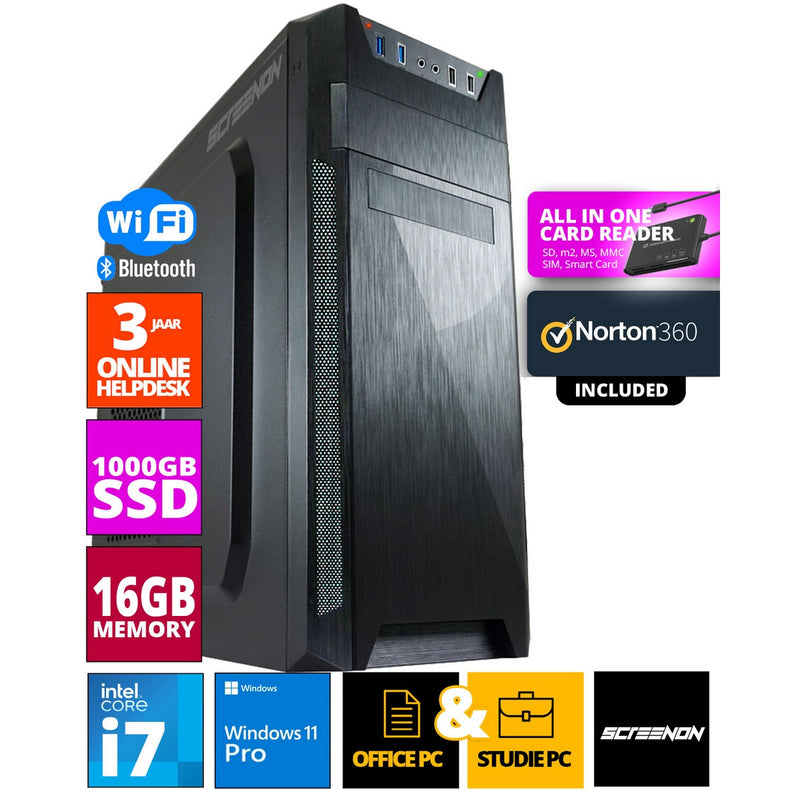 Intel Budget Office PC - Intel Core i7 - 1TB NVMe SSD - 16GB RAM - UHD Graphics 630 - Inclusief Norton 360 & USB SD Card Reader + WiFi & Bluetooth