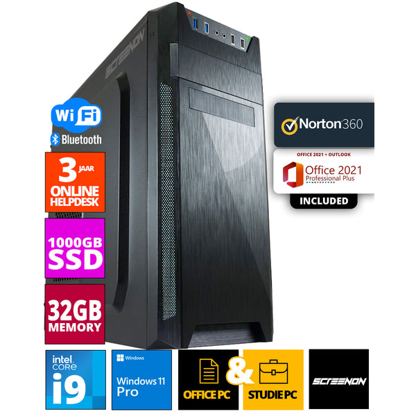 ScreenON - Allround Office PC - Intel Core i9 - 1TB M.2 SSD - 32GB RAM - UHD Graphics 750 - Inclusief Office Professional Plus 2021 en Norton 360 + WiFi & Bluetooth