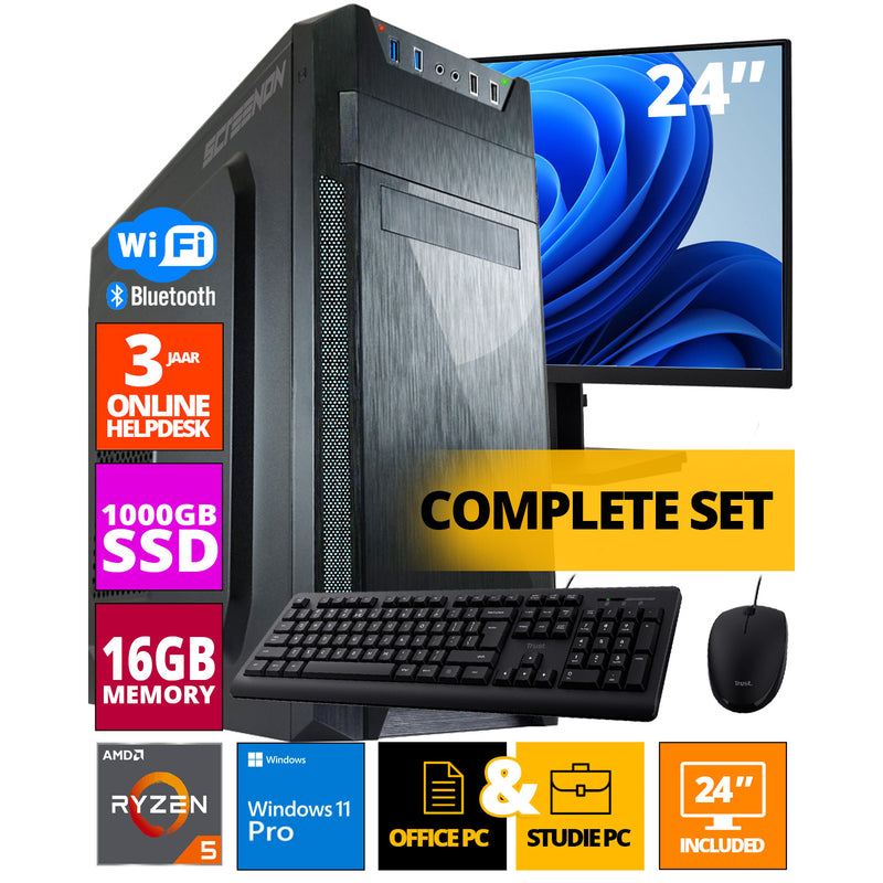 Budget Office PC SET - Ryzen 5 - 1TB NVMe SSD - 16GB RAM - Radeon Vega 7 ( 24 Inch Monitor | Muis | Toetsenbord ) + WiFi & Bluetooth