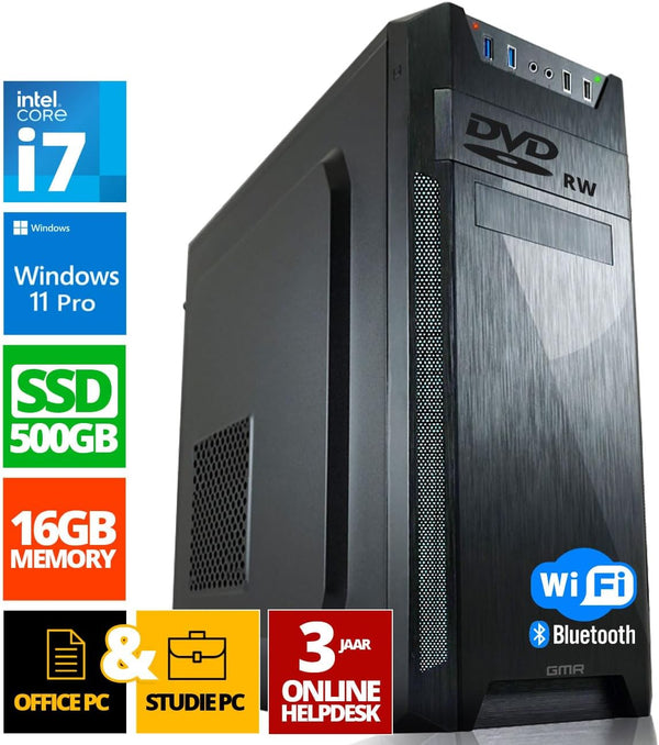 Ultra Intel i7 PC - Schneller Rechner + Computer für Büro & Home Office mit 16GB DDR4 RAM/Arbeitsspeicher - 512GB SSD - DVD+RW - USB3.0 - WiFi 600 und Bluetooth 5 - Win 11 Pro