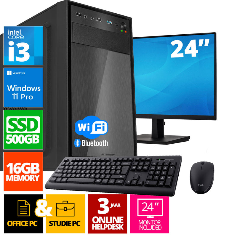 Intel Compleet PC SET | Intel Core i3 | 16 GB DDR4 | 500 GB SSD - NVMe + 24 Inch Monitor + Muis + Toetsenbord | Windows 11 Pro + WiFi & Bluetooth