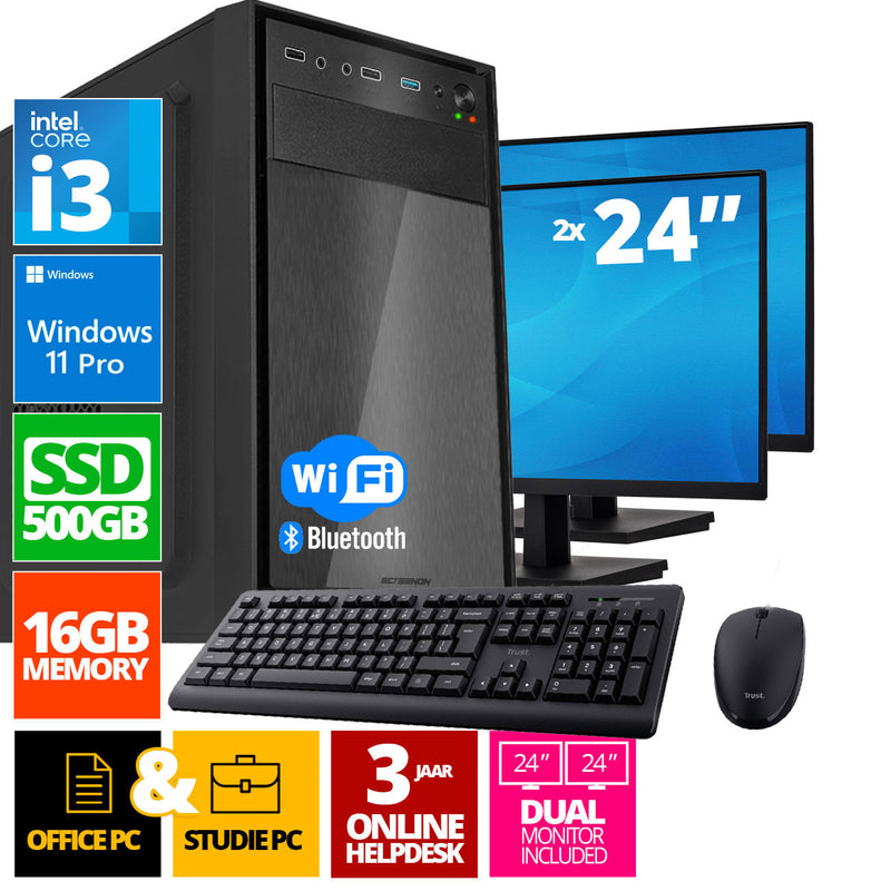 Intel Compleet PC SET | Intel Core i3 | 16 GB DDR4 | 500 GB SSD - NVMe + 2 x 24 Inch Monitor + Muis + Toetsenbord | Windows 11 Pro + WiFi & Bluetooth