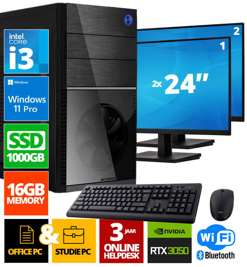 Intel Compleet PC + 2 x 24" Monitor + Muis & Toetsenbord | Intel Core i3 | 16 GB DDR4 | 1 TB SSD - NVMe | RTX 3050 | Windows 11 Pro + WiFi & Bluetooth