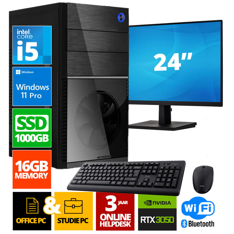 Intel Compleet PC + 24" Monitor + Muis & Toetsenbord | Intel Core i5 | 16 GB DDR4 | 1 TB SSD - NVMe | RTX 3050 | Windows 11 Pro + WiFi & Bluetooth