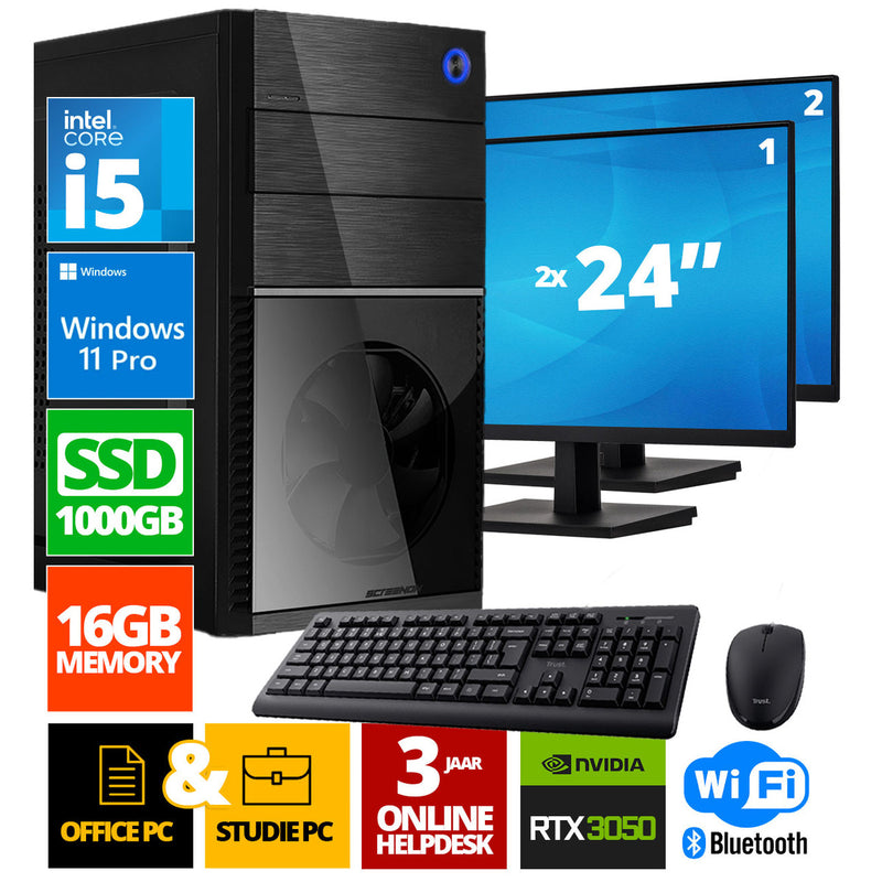 Intel Compleet PC + 2 x 24" Monitor + Muis & Toetsenbord | Intel Core i5 | 16 GB DDR4 | 1 TB SSD - NVMe | RTX 3050 | Windows 11 Pro + WiFi & Bluetooth