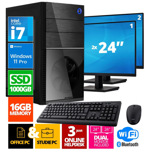 Intel Compleet PC + 2 x 24" Monitor + Muis & Toetsenbord | Intel Core i7 | 16 GB DDR4 | 1 TB SSD - NVMe | RTX 3050 | Windows 11 Pro + WiFi & Bluetooth