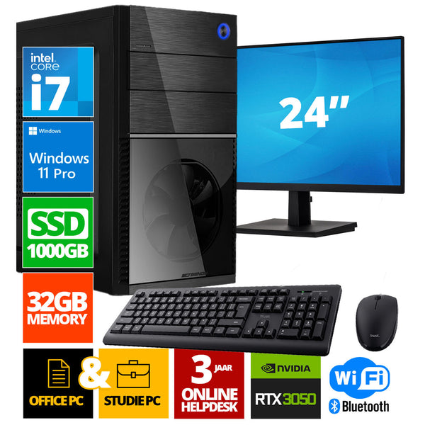 Intel Compleet PC + 24" Monitor + Muis & Toetsenbord | Intel Core i7 | 32 GB DDR4 | 1 TB SSD | RTX 3050 | Windows 11 Pro + WiFi & Bluetooth