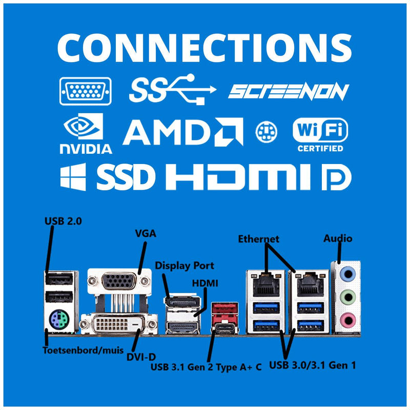 Blue Desktop PC - Intel® Core™ i7 - 16GB - 1TB SSD - UHD Graphics 630 - WiFi - Incl. Muis en TB - ScreenOn