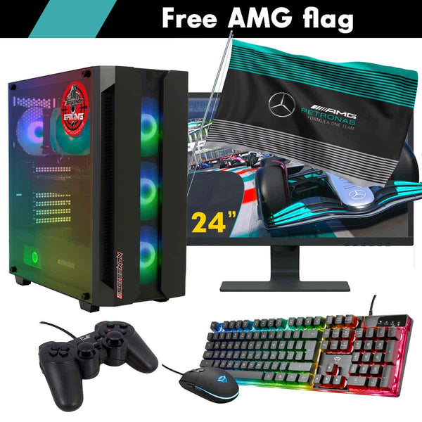 ScreenON - Racing Gaming Set + AMG Flag - F3215024 - (GamePC.F12050 + 24 Inch Monitor + Toetsenbord + Muis + Controller + Gratis AMG Flag) - ScreenOn