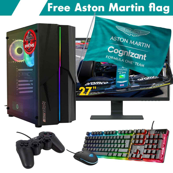 ScreenON - Racing Gaming Set + Aston Martin Flag - F4104027 - (GamePC.F11040 + 27 Inch Monitor + Toetsenbord + Muis + Controller + Gratis Aston Martin Flag) - ScreenOn