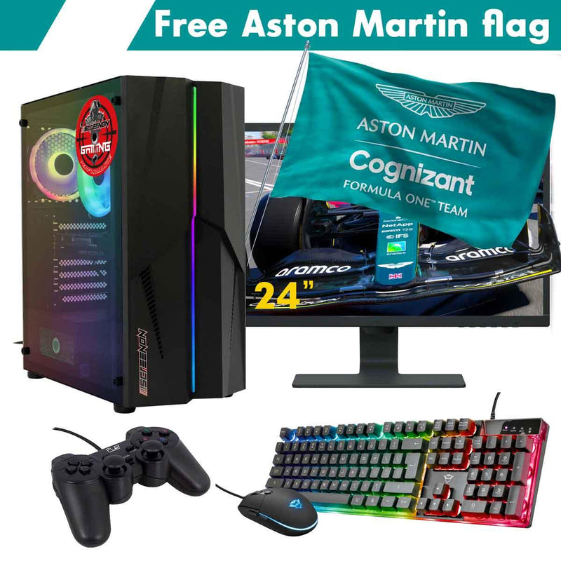 ScreenON - Racing Gaming Set + Aston Martin Flag - F4114024 - (GamePC.F11040 + 24 Inch Monitor + Toetsenbord + Muis + Controller + Gratis Aston Martin Flag) - ScreenOn