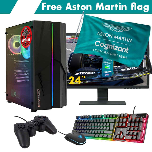 ScreenON - Racing Gaming Set + Aston Martin Flag - F4124024 - (GamePC.F11040 + 24 Inch Monitor + Toetsenbord + Muis + Controller + Gratis Aston Martin Flag) - ScreenOn