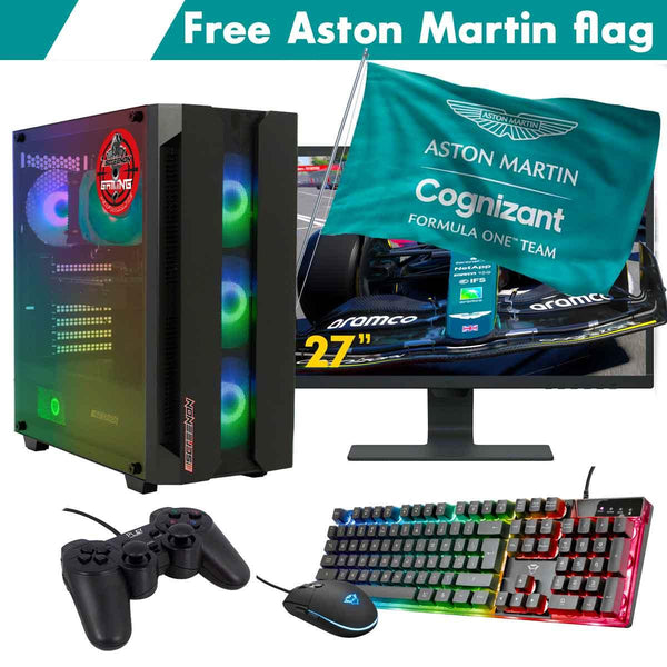 ScreenON - Racing Gaming Set + Aston Martin Flag - F4215027 - (GamePC.F12050 + 27 Inch Monitor + Toetsenbord + Muis + Controller + Gratis Aston Martin Flag) - ScreenOn