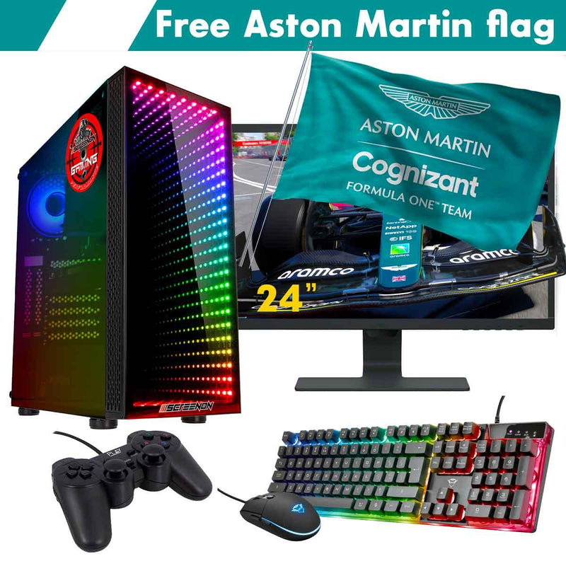 ScreenON - Racing Gaming Set + Aston Martin Flag - F4426524 - (GamePC.F14065 + 24 Inch Monitor + Toetsenbord + Muis + Controller + Gratis Aston Martin Flag) - ScreenOn