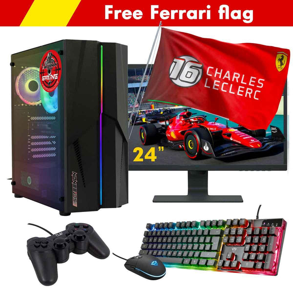 ScreenON - Racing Gaming Set + Ferrari Flag - F5104024 - (GamePC.F11040 + 24 Inch Monitor + Toetsenbord + Muis + Controller + Gratis Ferrari Flag) - ScreenOn