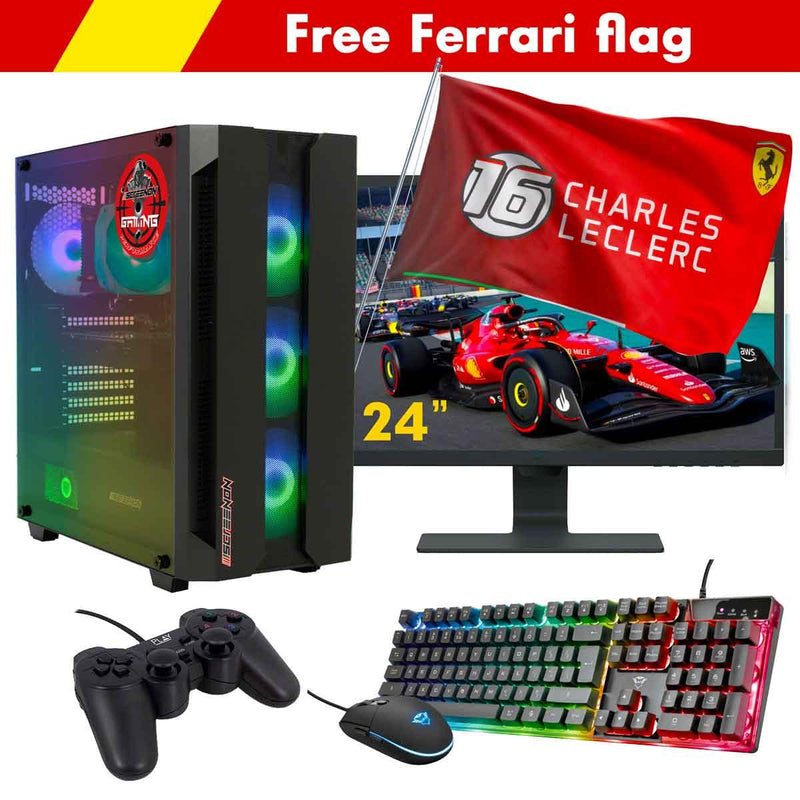 ScreenON - Racing Gaming Set + Ferrari Flag - F5215024 - (GamePC.F12050 + 24 Inch Monitor + Toetsenbord + Muis + Controller + Gratis Ferrari Flag) - ScreenOn