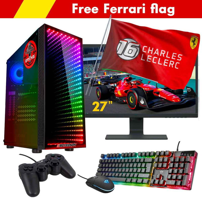 ScreenON - Racing Gaming Set + Ferrari Flag - F5426527 - (GamePC.F14065 + 27 Inch Monitor + Toetsenbord + Muis + Controller + Gratis Ferrari Flag) - ScreenOn