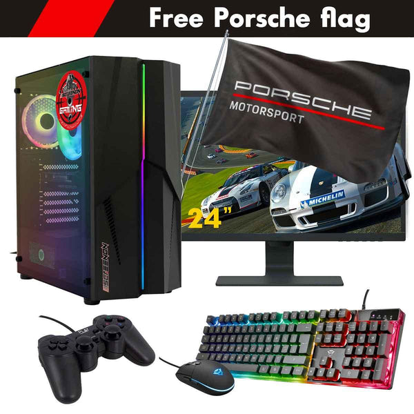 ScreenON - Racing Gaming Set + Porsche Flag - F6104024 - (GamePC.F11040 + 24 Inch Monitor + Toetsenbord + Muis + Controller + Gratis Porsche Flag) - ScreenOn