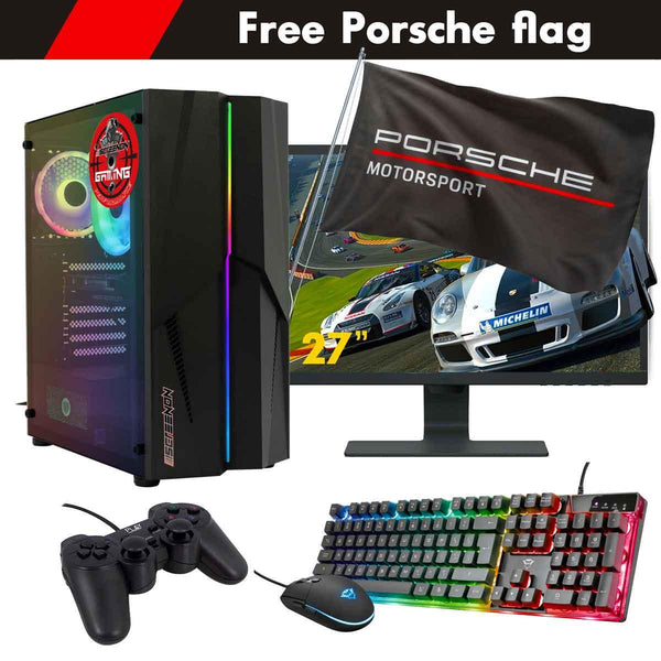 ScreenON - Racing Gaming Set + Porsche Flag - F6104027 - (GamePC.F11040 + 27 Inch Monitor + Toetsenbord + Muis + Controller + Gratis Porsche Flag) - ScreenOn
