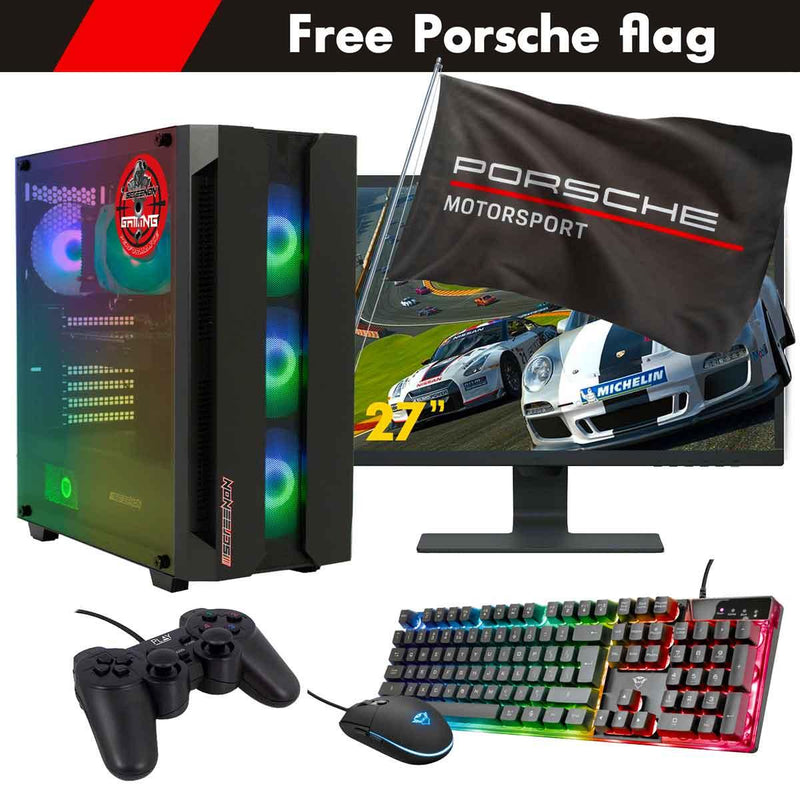 ScreenON - Racing Gaming Set + Porsche Flag - F6225027 - (GamePC.F12050 + 27 Inch Monitor + Toetsenbord + Muis + Controller + Gratis Porsche Flag) - ScreenOn