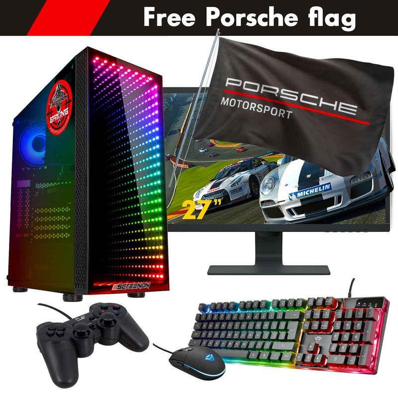 ScreenON - Racing Gaming Set + Porsche Flag - F6436527 - (GamePC.F14065 + 27 Inch Monitor + Toetsenbord + Muis + Controller + Gratis Porsche Flag) - ScreenOn