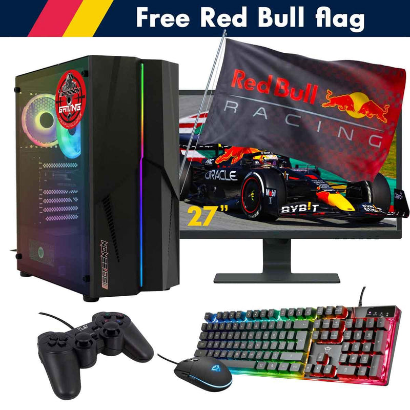 ScreenON - Racing Gaming Set + Red Bull Flag - F2114027 - (GamePC.F11040 + 27 Inch Monitor + Toetsenbord + Muis + Controller + Gratis Red Bull Flag) - ScreenOn