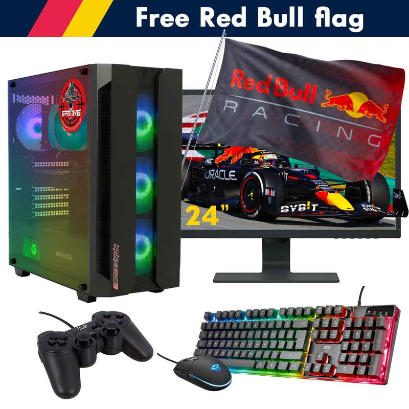 ScreenON - Racing Gaming Set + Red Bull Flag - F2325024 - (GamePC.F13050 + 24 Inch Monitor + Toetsenbord + Muis + Controller + Gratis Red Bull Flag) - ScreenOn