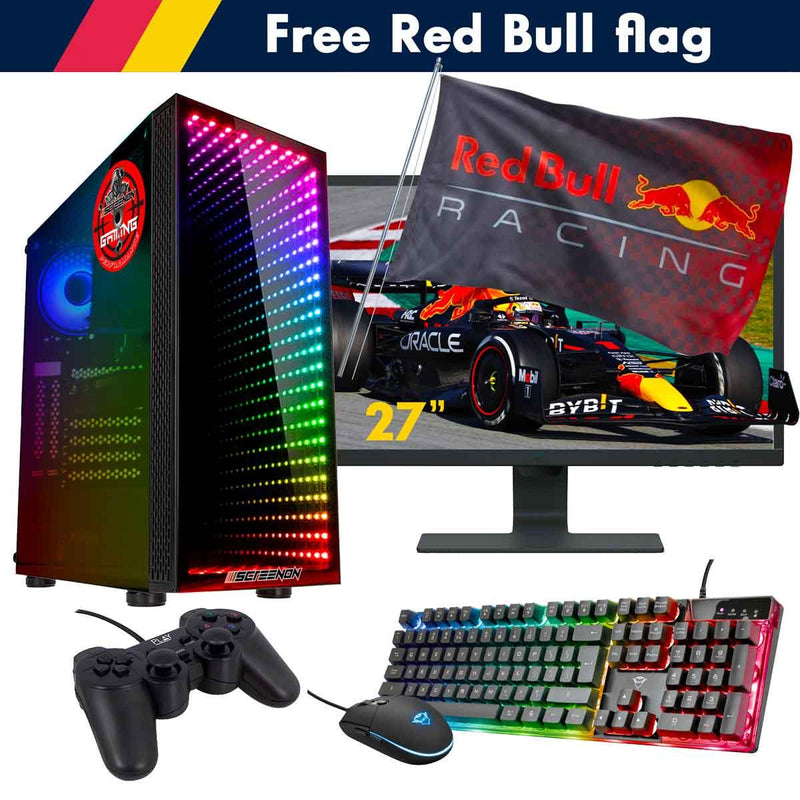ScreenON - Racing Gaming Set + Red Bull Flag - F2536527 - (GamePC.F15065 + 27 Inch Monitor + Toetsenbord + Muis + Controller + Gratis Red Bull Flag) - ScreenOn
